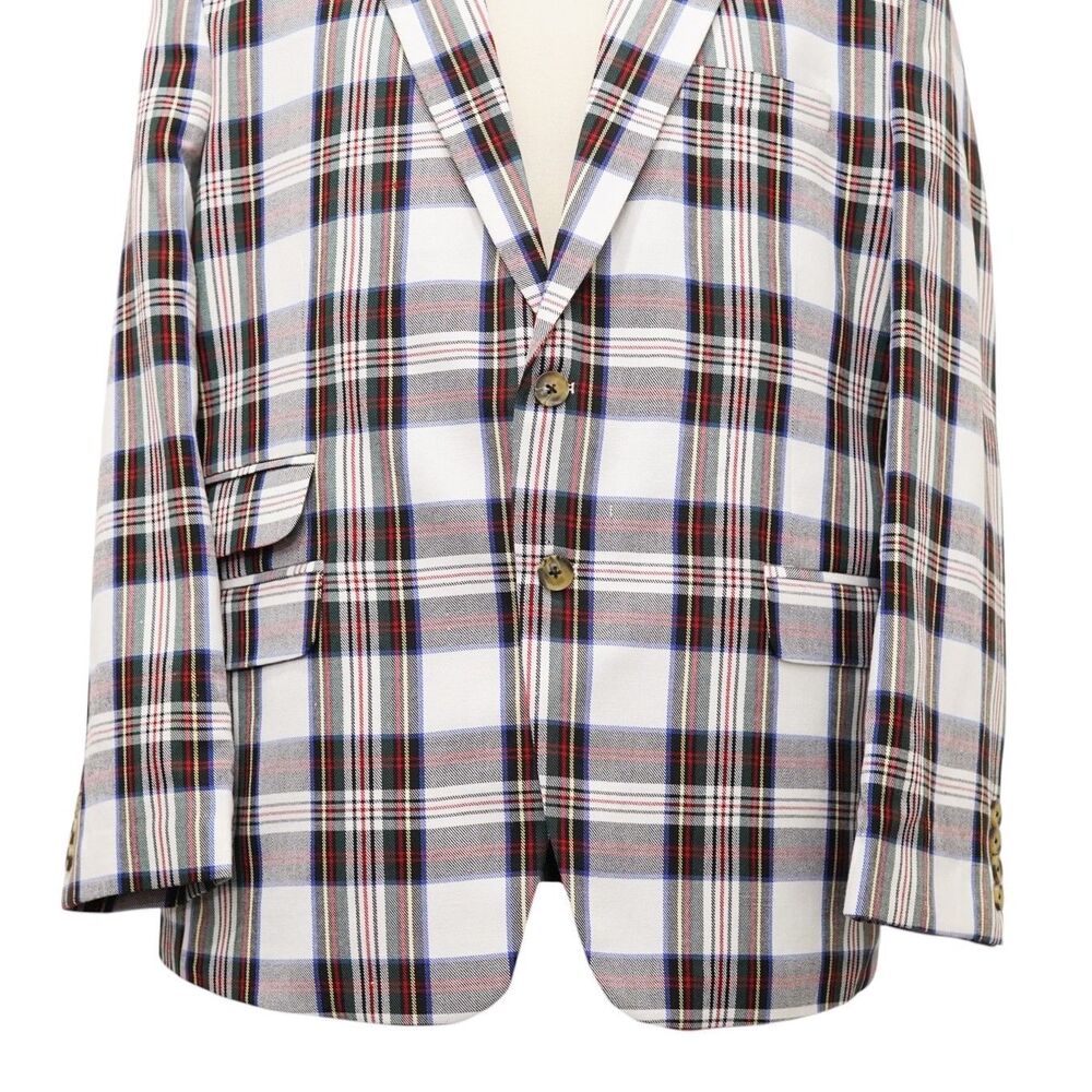 Mens 48R White Red Blue Tartan Plaid Cotton Blazer 2 Button Sport Coat Wedding - Picture 6 of 8